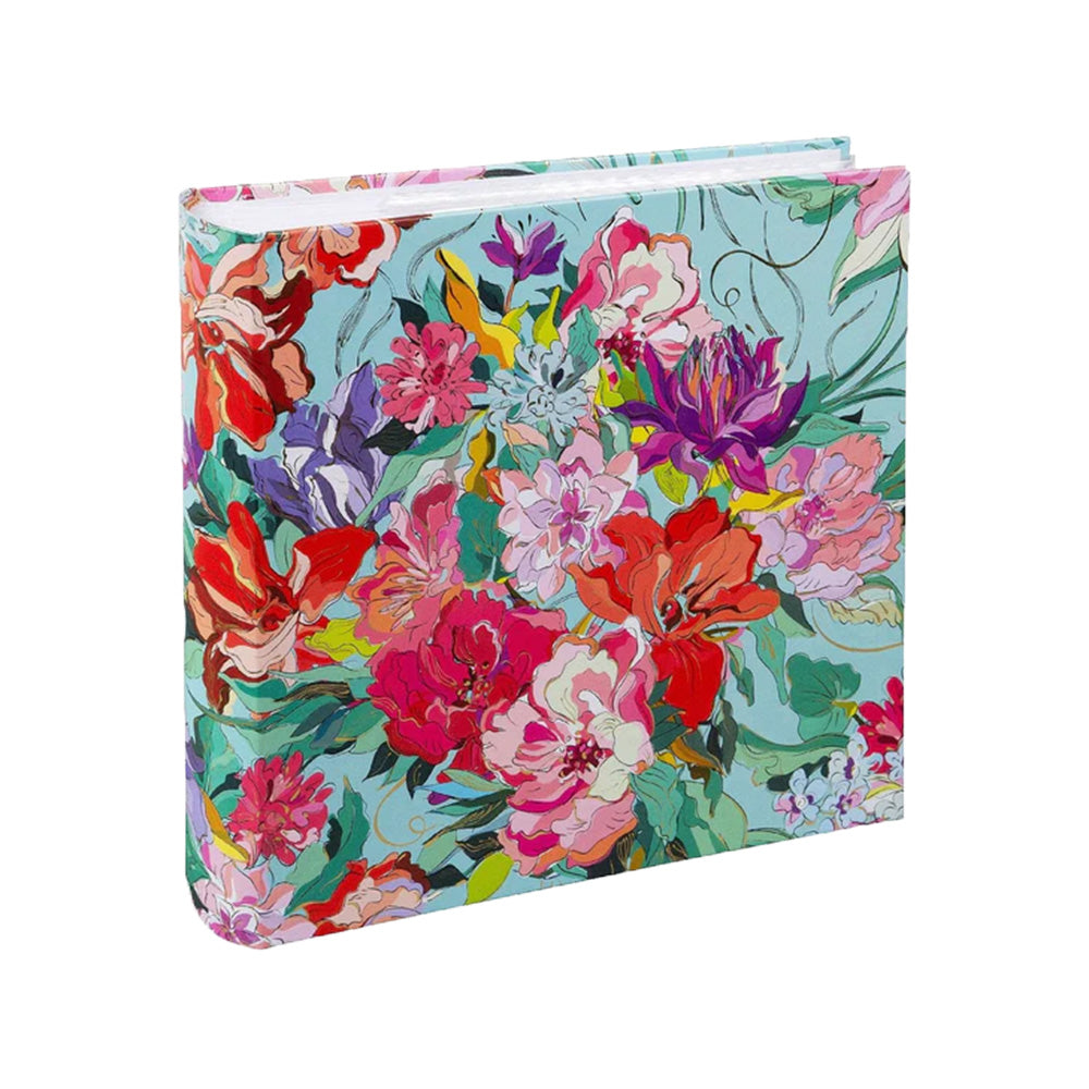 Goldbuch Velvet Bloom Super 200 fotoalbum med malede blomster på turkis omslag, set skråt forfra